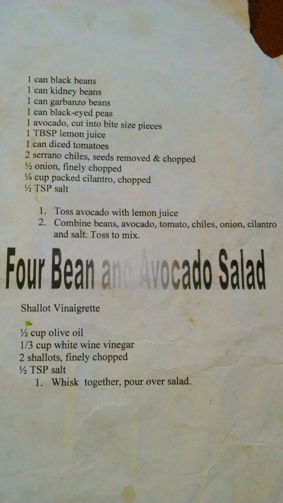 Recipe for bean and avocado salad. Go light on the onions, heavy on the avocado and cilantro and hot peppers, and don't fuss too much about the types of beans.